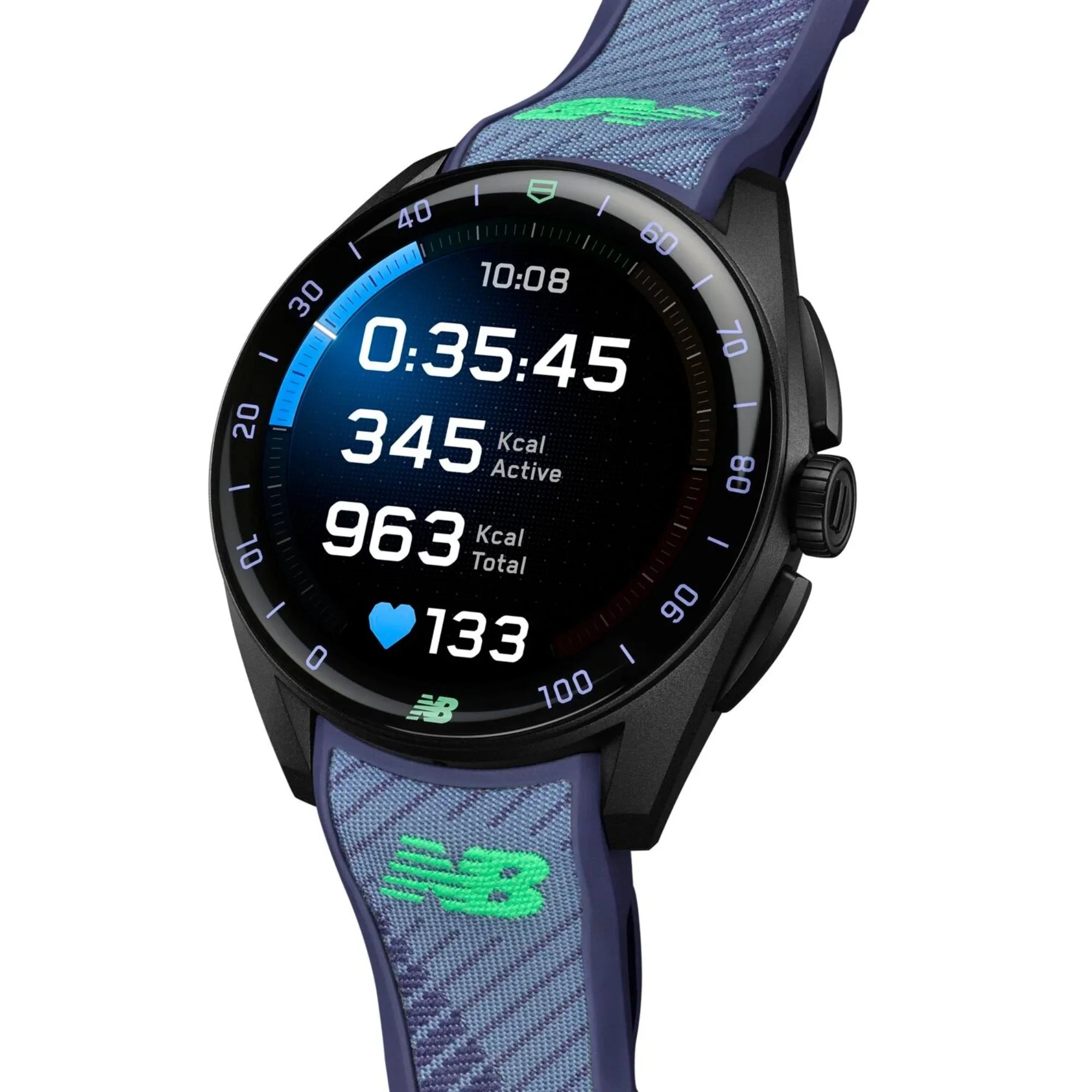 Reloj TAG Heuer x New Balance Connected Calibre E5 – 40 mm – Titanio DLC – Correa de caucho morada