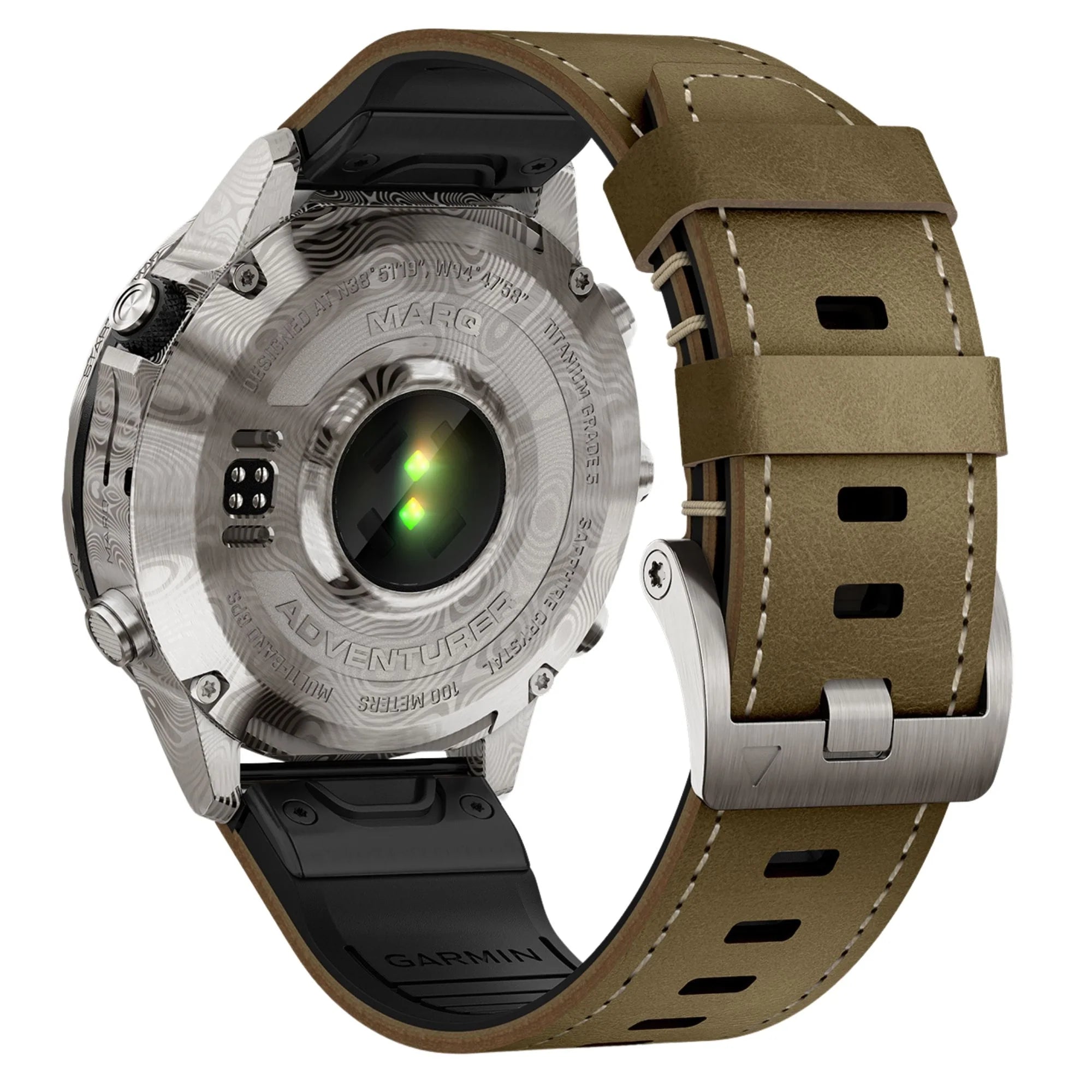 Reloj Garmin Marq Gen 2 Adventurer de titanio y zafiro con correa de cuero marrón y caucho negro de 46 mm