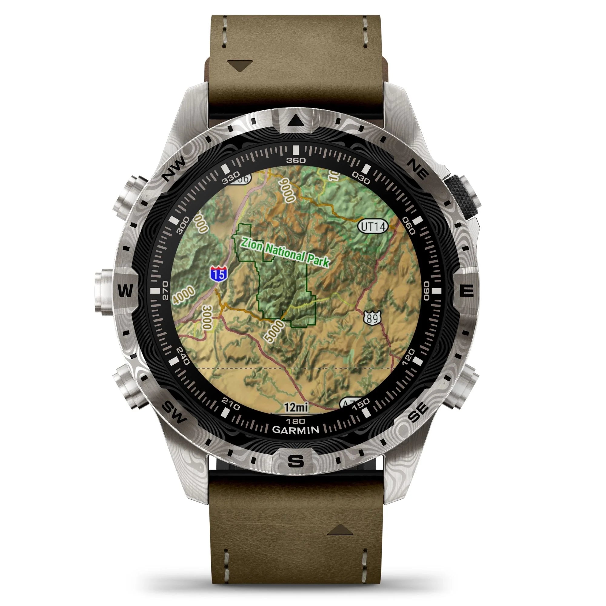 Reloj Garmin Marq Gen 2 Adventurer Damascus Steel Edition con correa de piel marrón y silicona negra de 46 mm