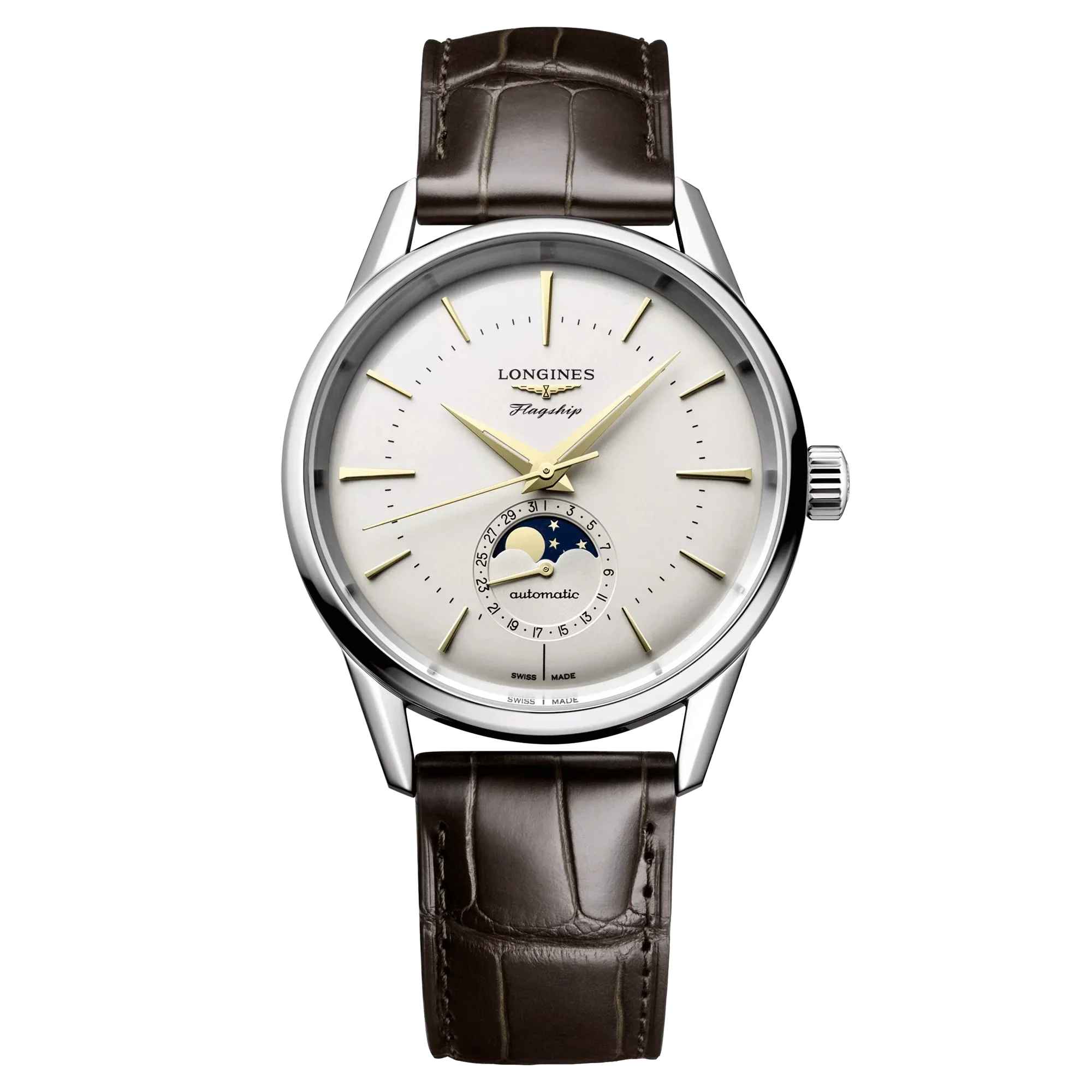 Reloj automático Longines Flagship Heritage Moon Phase con esfera plateada opalina y correa de piel marrón de 38,5 mm.