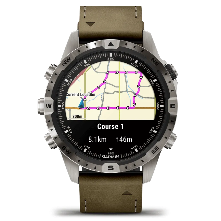 Reloj Garmin Marq Gen 2 Adventurer de titanio y zafiro con correa de cuero marrón y caucho negro de 46 mm