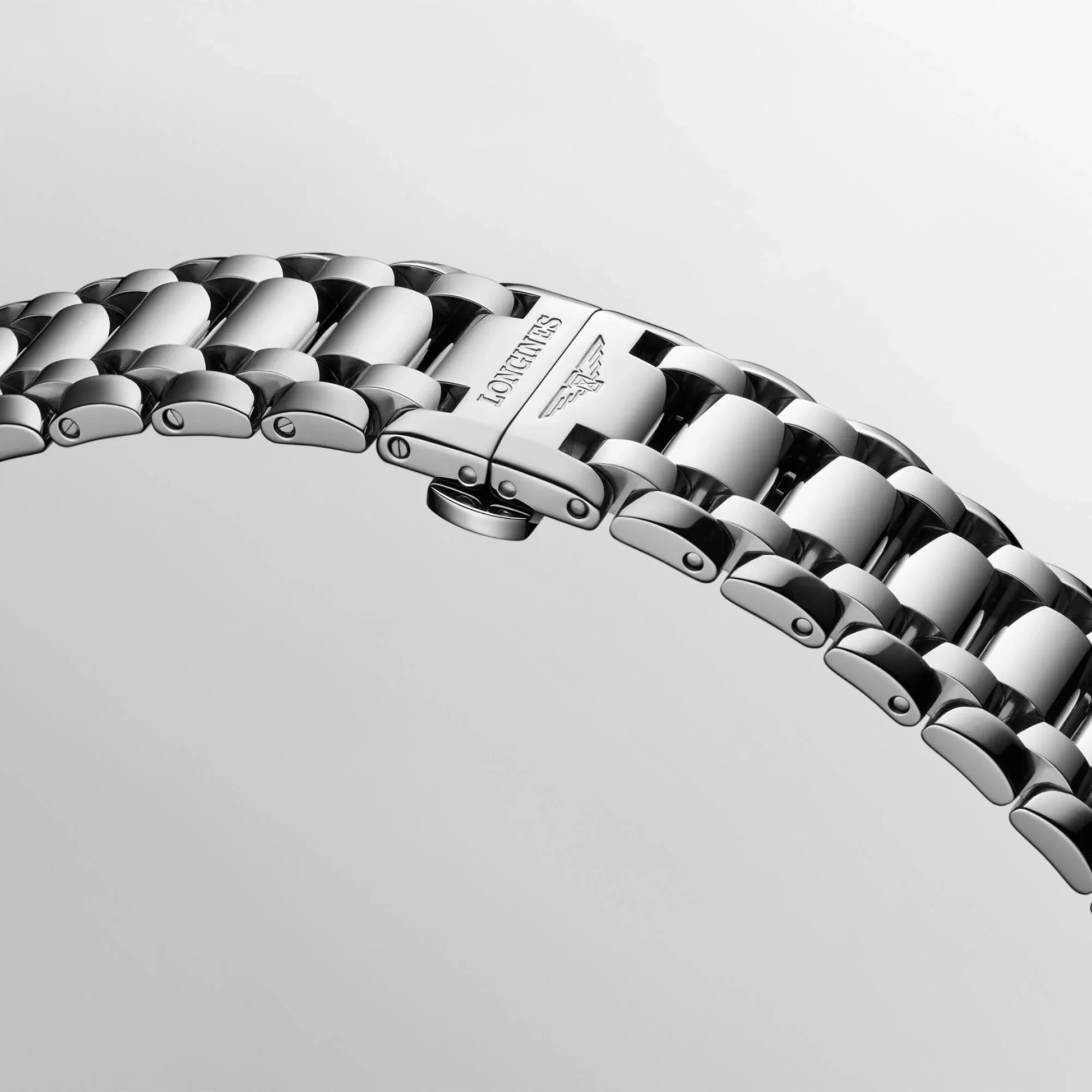 Reloj automático Longines PrimaLuna Moonphase, esfera de nácar blanco, índices de diamantes, brazalete de acero, 34 mm