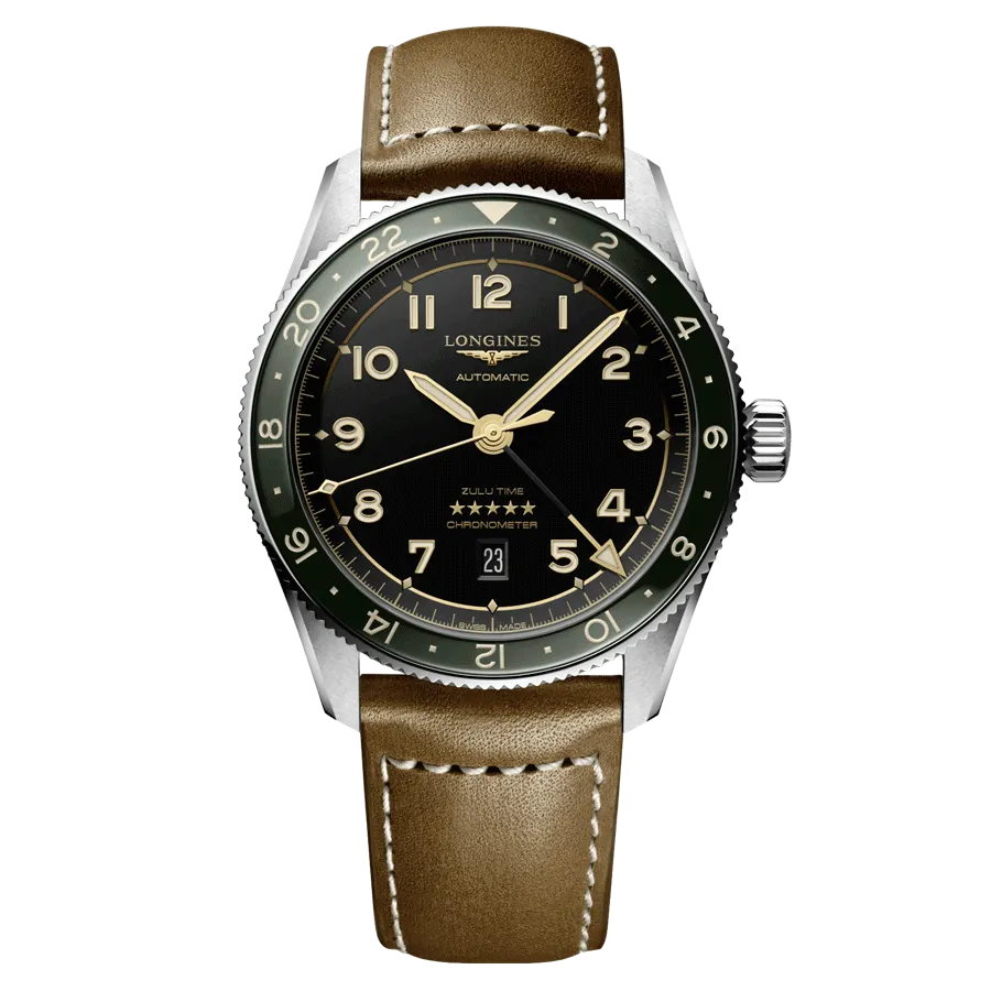 Reloj automático Longines Spirit Zulu Time, esfera antracita, correa de piel marrón, 42 mm