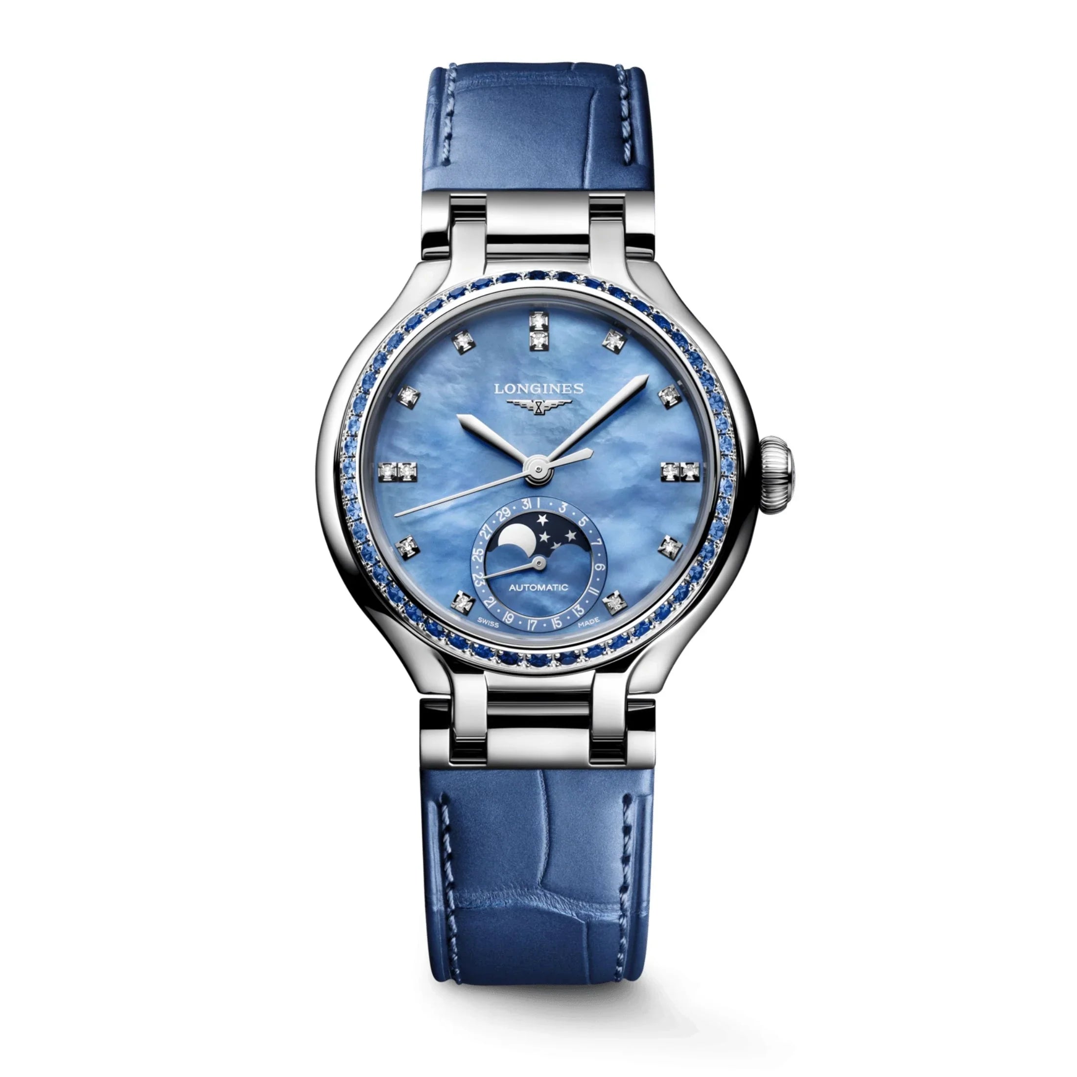 Reloj automático Longines PrimaLuna Moonphase, esfera de nácar azul, correa de piel azul, 34 mm